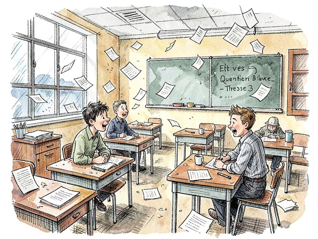 Chaotic classroom papers flying