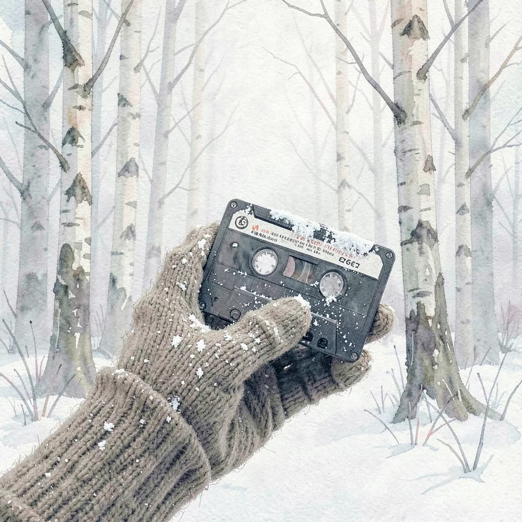 A hand in a wool mitten holding a snow-dusted cassette tape against a foggy birc