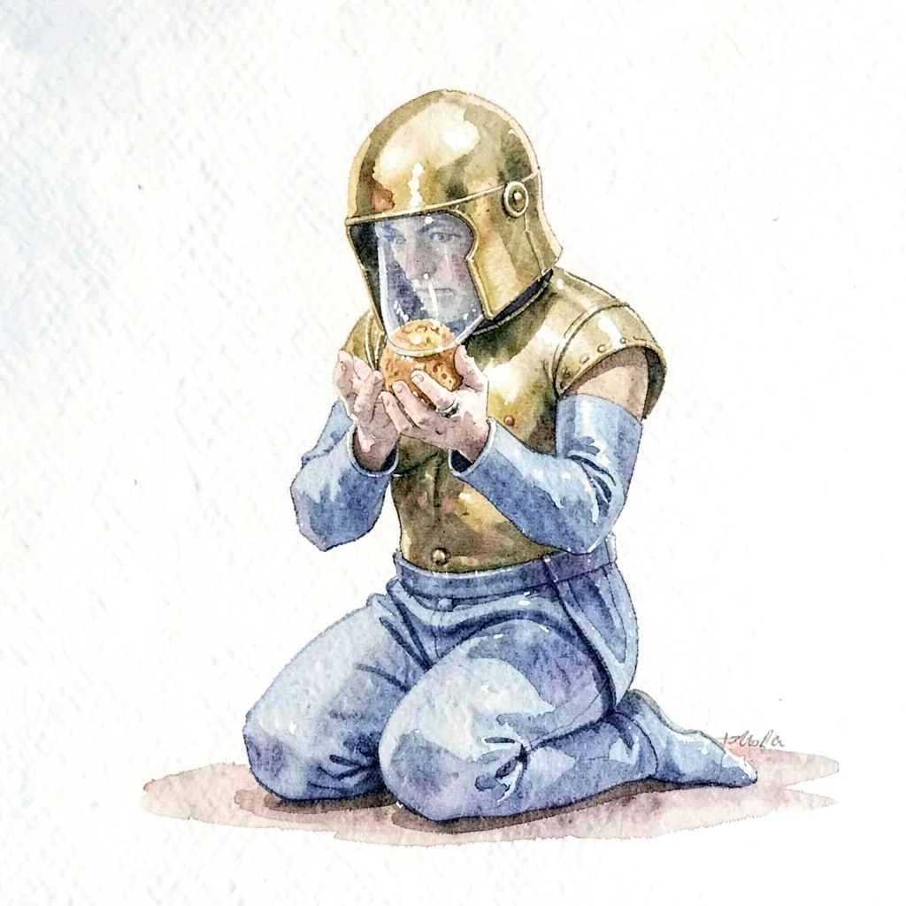 Brass-helmeted figure kneeling with both hands cupped, holding implied small obj