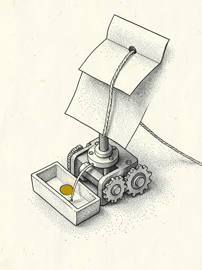 Stipple-shaded close-up of a paper instruction slip threaded through a small mec