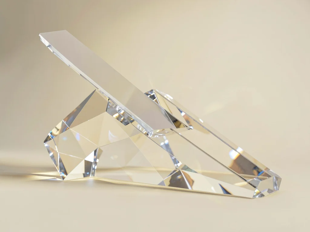 Refracted ice-clear lowpoly hand-plane with a transparent faceted body and a sli
