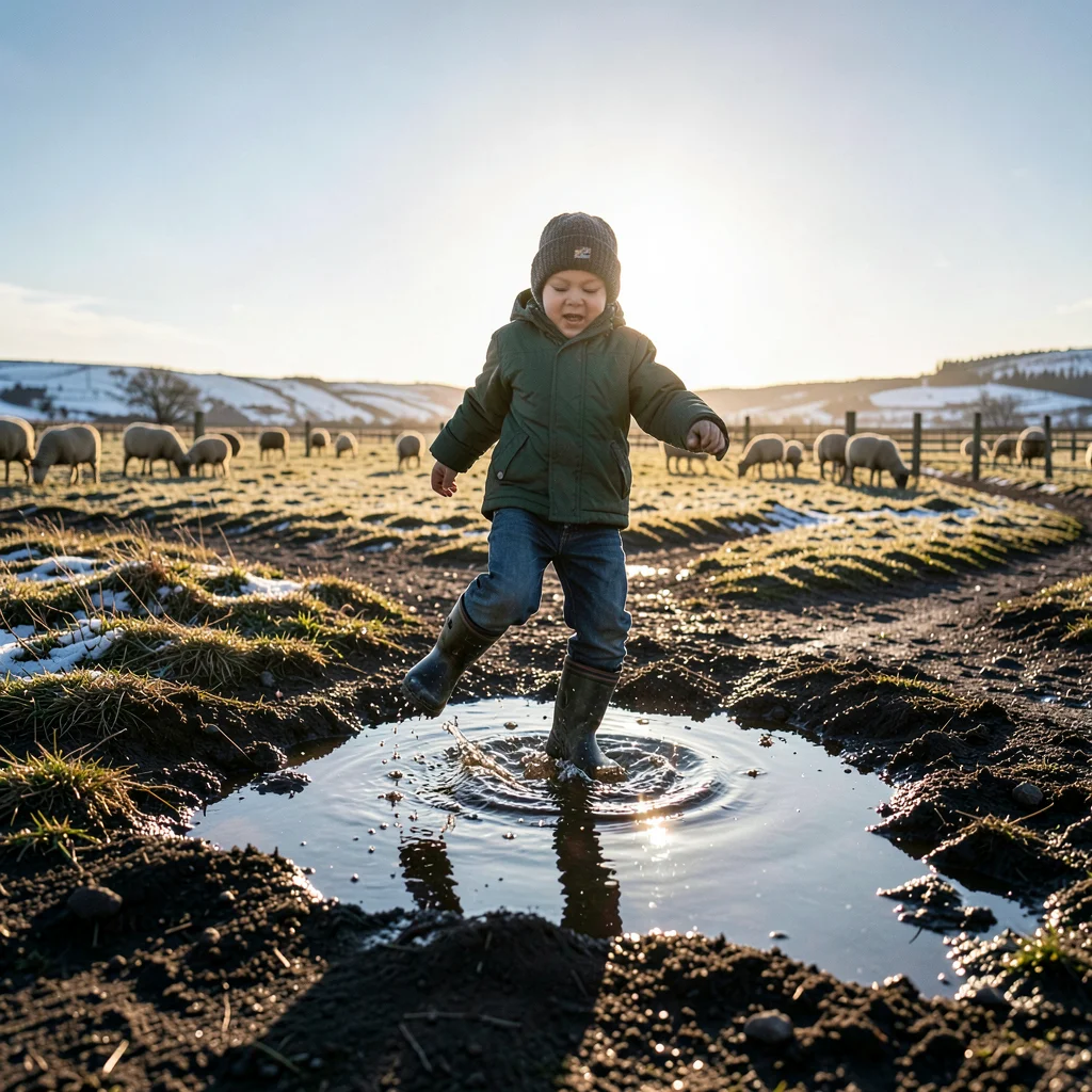 Tasmanian angular sub-Antarctic light, extreme raking shadows, Child in gumboots