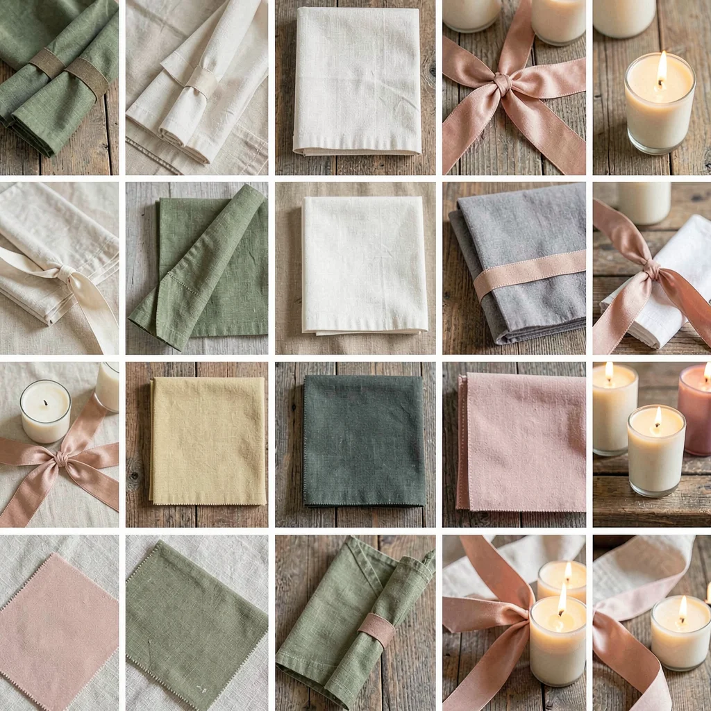 Grid of swatches: linens, napkins, ribbons, candles in coordinated tones
