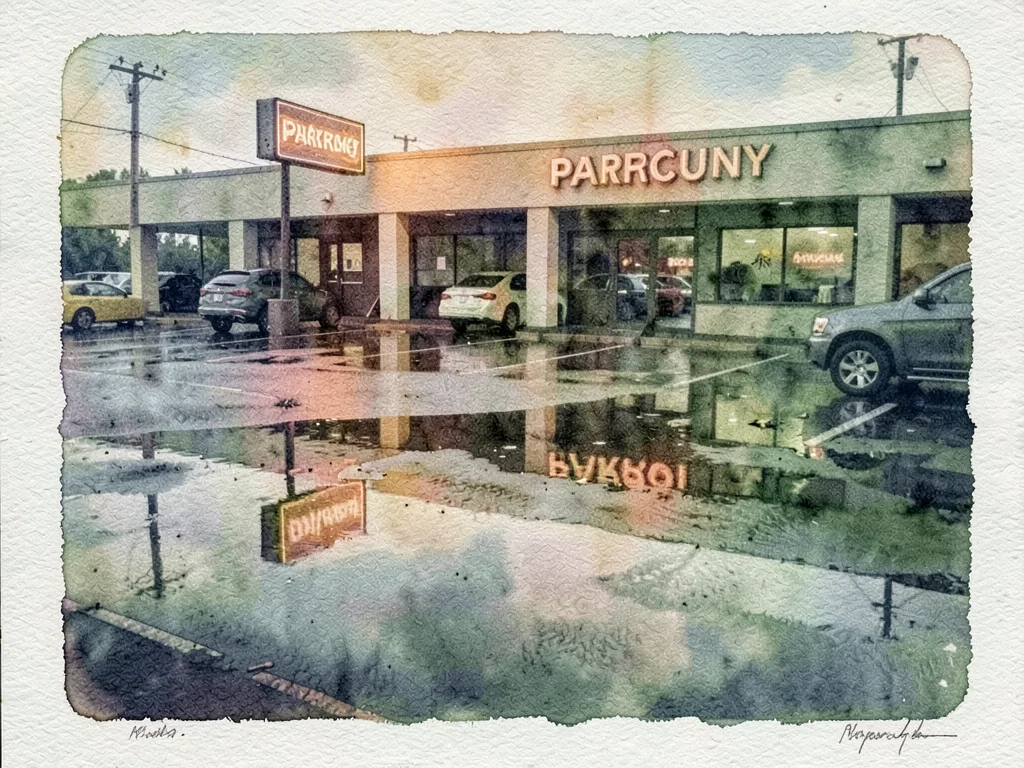 Strip mall parking lot after rain, puddles reflecting neon pharmacy sign, sienna