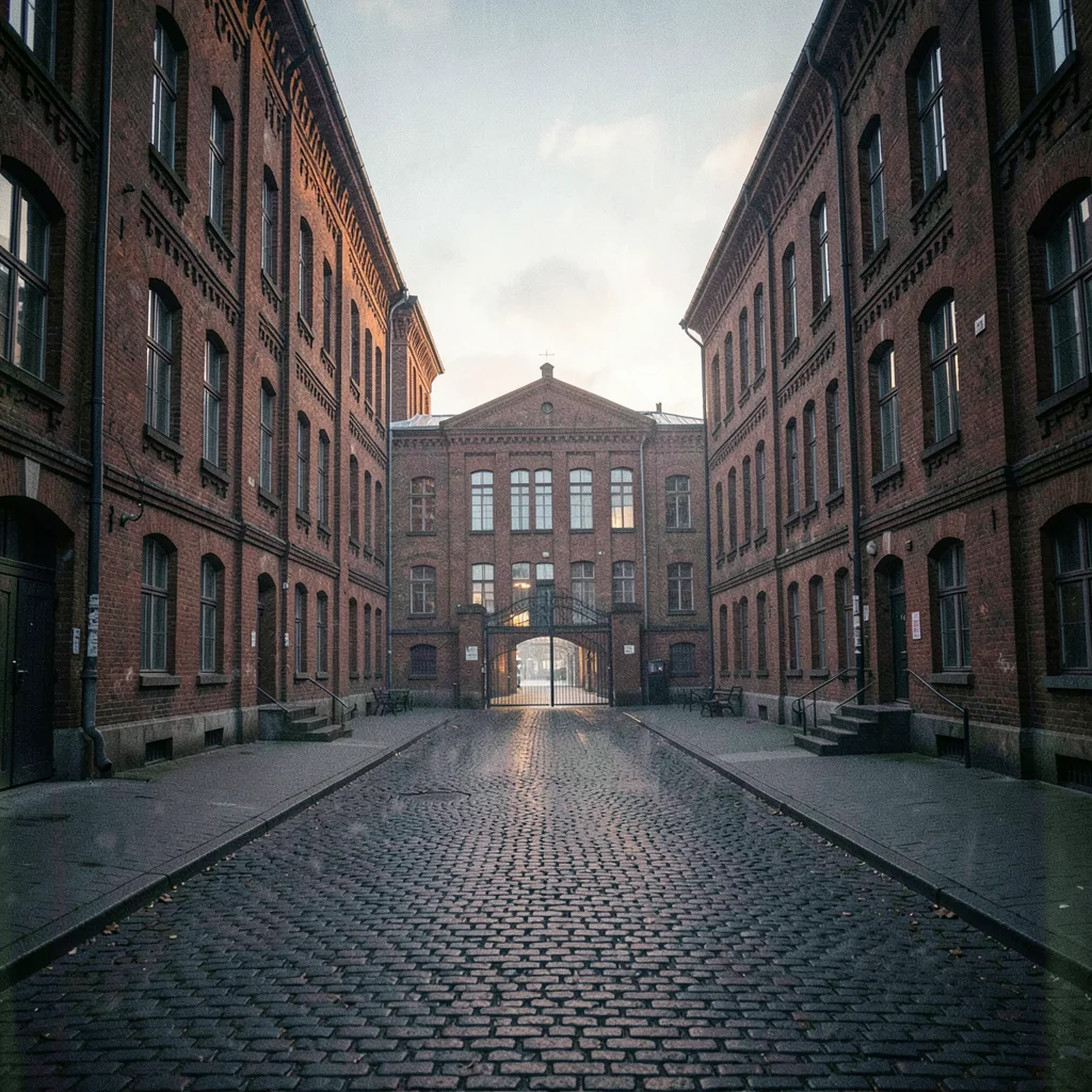 Textile factory ghosts in industrial Łódź, workers entrance gate at dawn, empty 