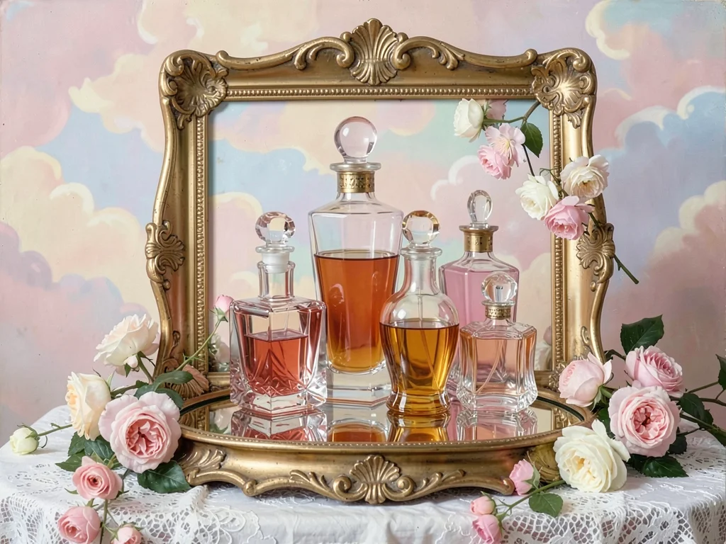 Collection of glass perfume bottles in graduated pinks and ambers, arranged by h