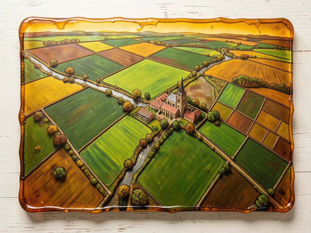 An aerial view of patchwork farmland in spring — emerald green fields, a river w