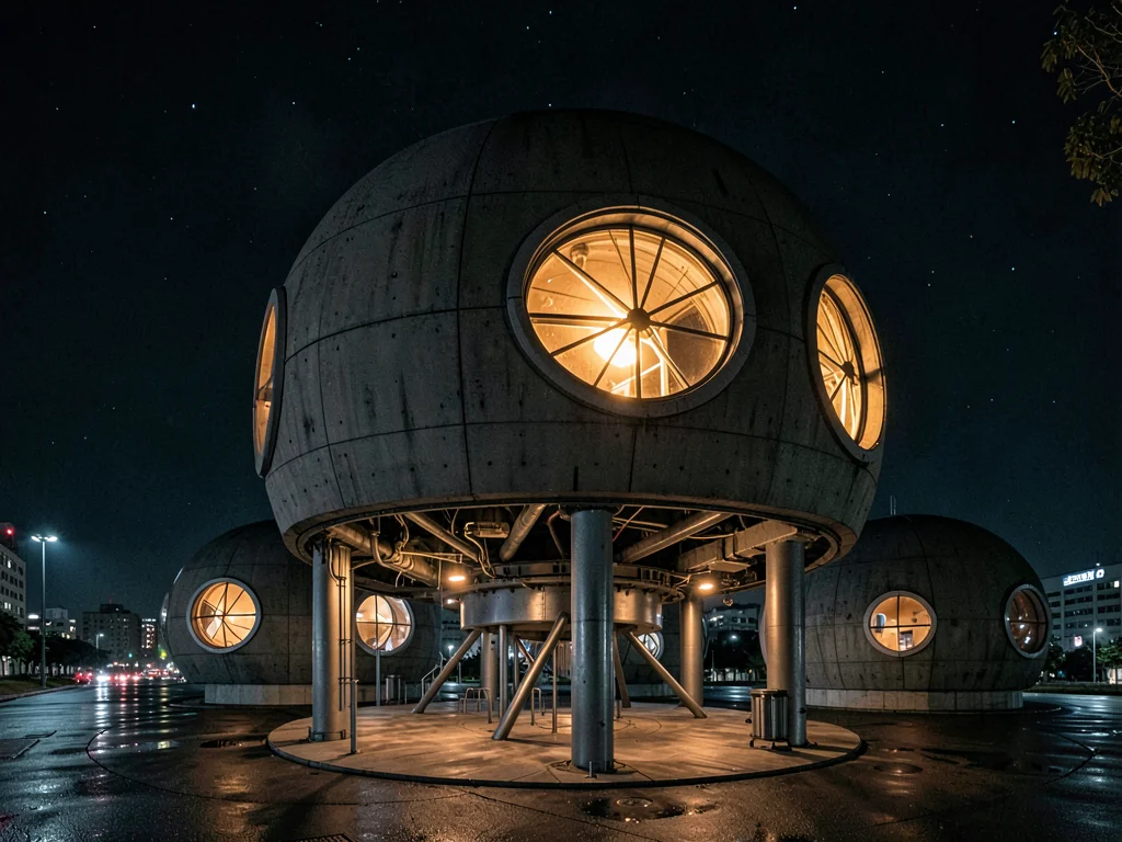 Night view of capsule tower with porthole windows glowing amber against dark con