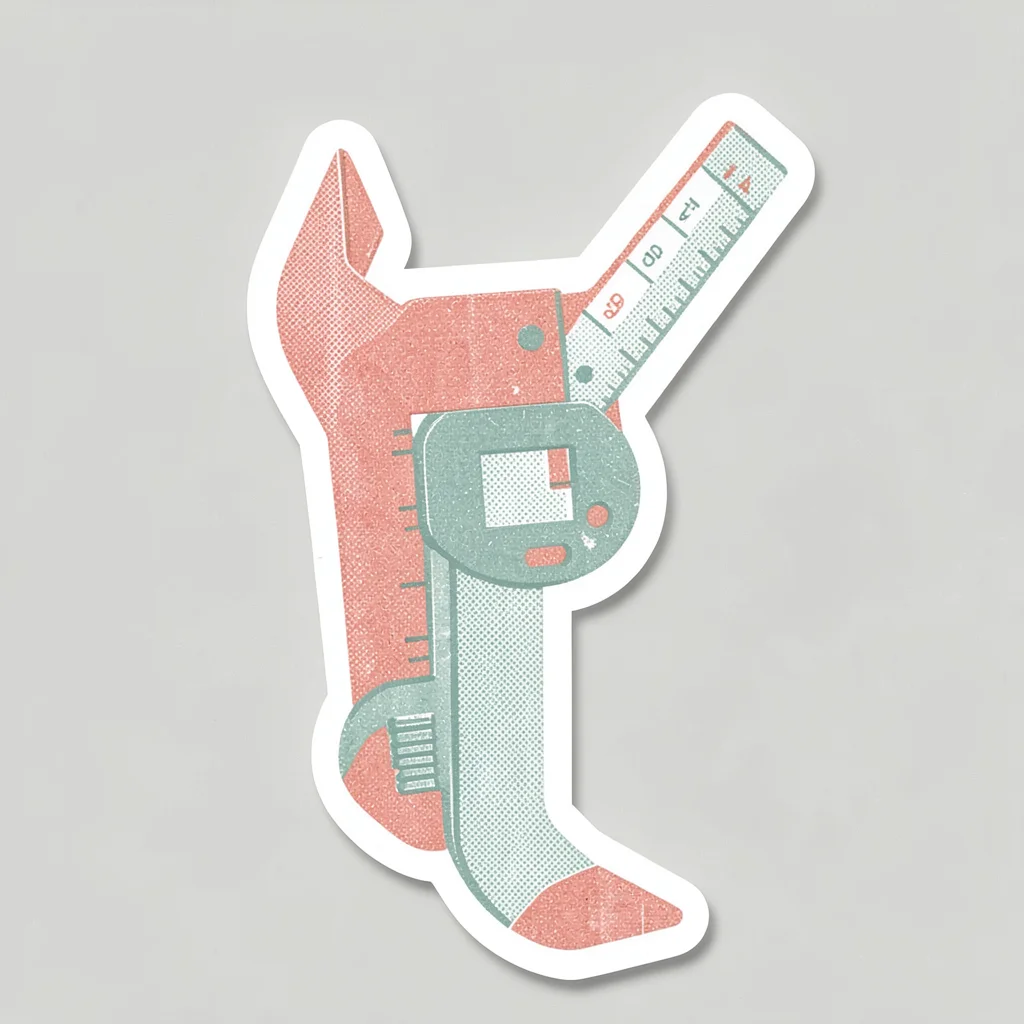 Riso style sticker of a halftone calipers icon in coral and sage spot colors, re