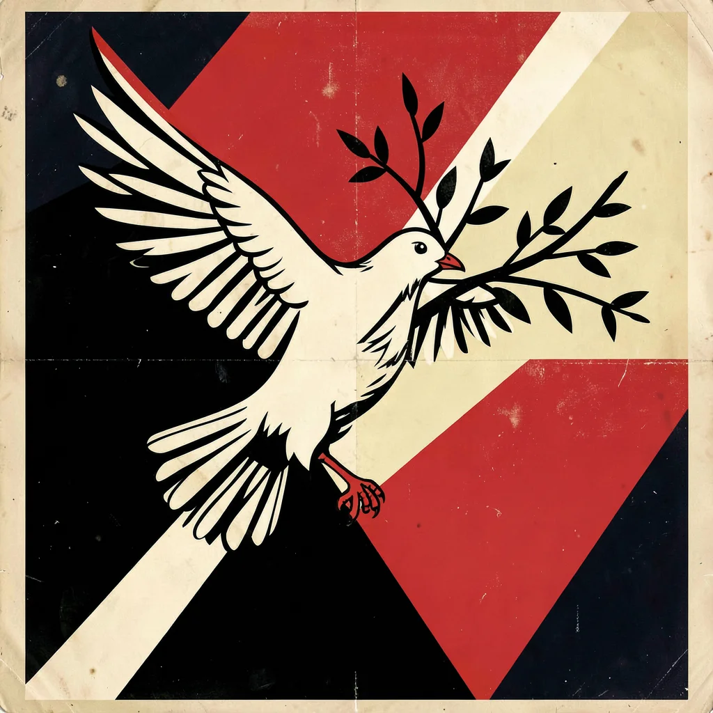 Soviet constructivist poster illustration, a dove carrying branch in bold flight
