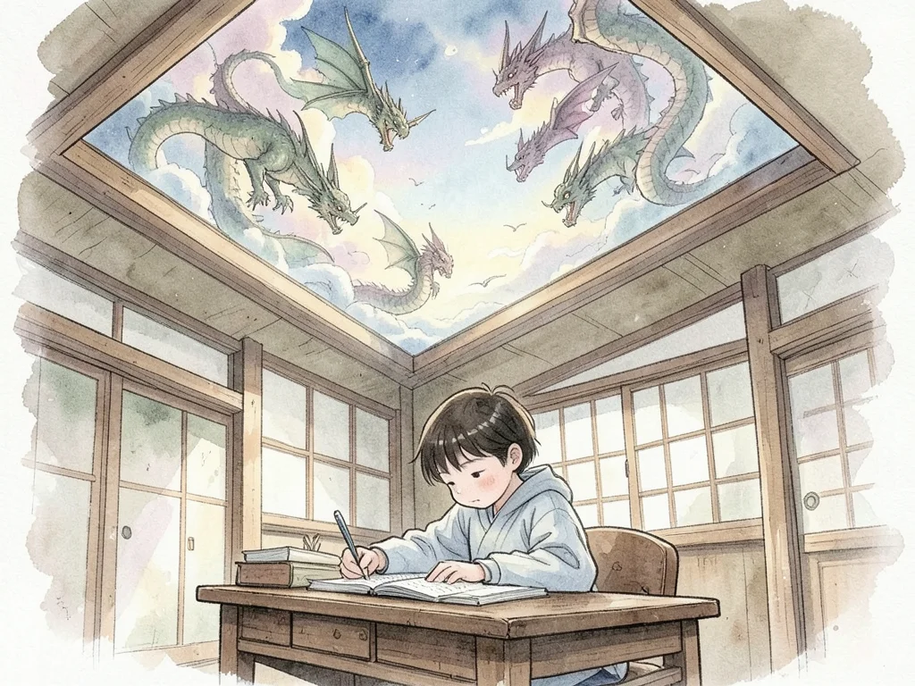 Child at desk doing homework, but ceiling above opens into fantasy sky with drag