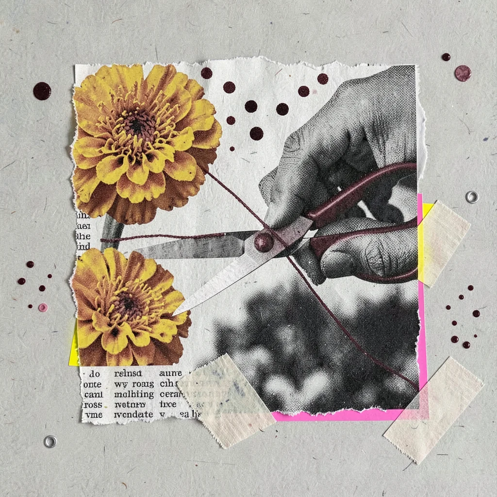 Halftone collage of a hand cutting a thread with paper scissors, marigold and ox