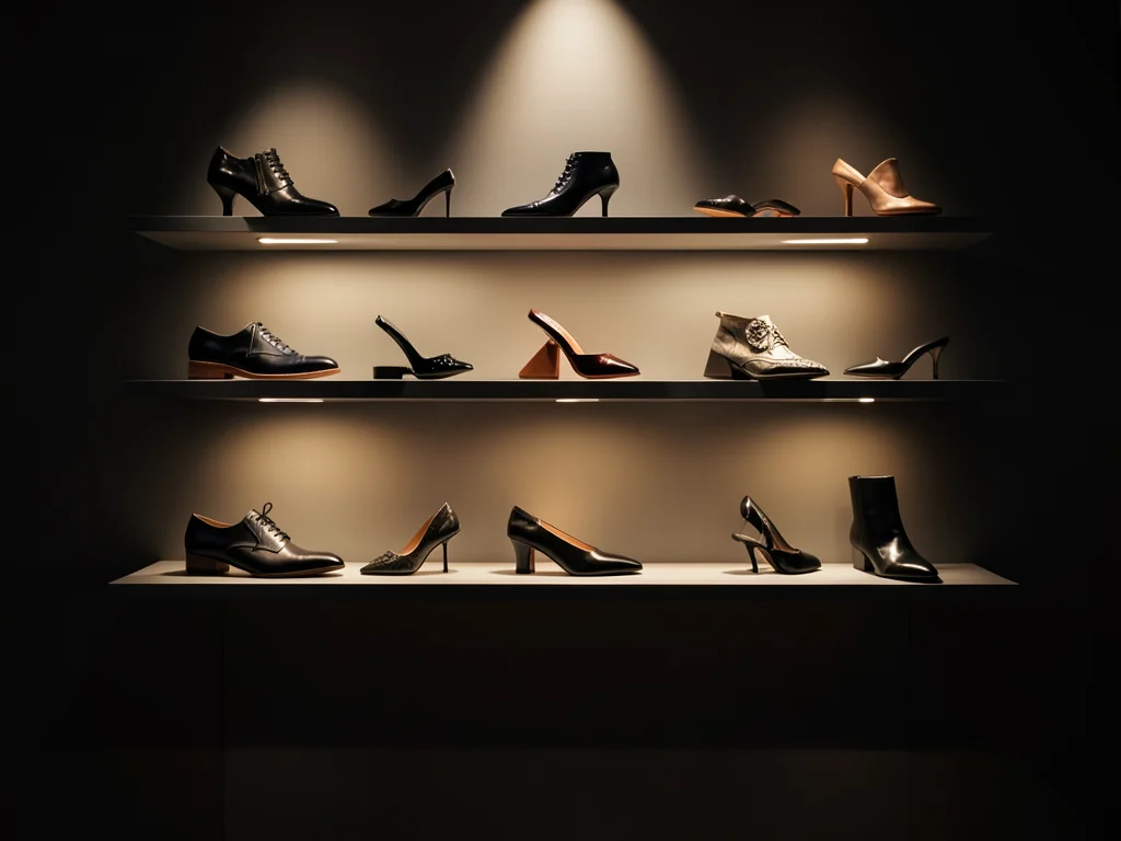 Shoe collection arranged on floating shelves, minimalist display, warm spotlight