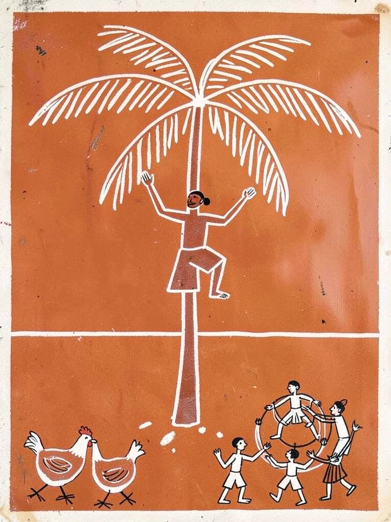 Man climbing a palm tree — stick figure ascending, fronds at top, chickens below
