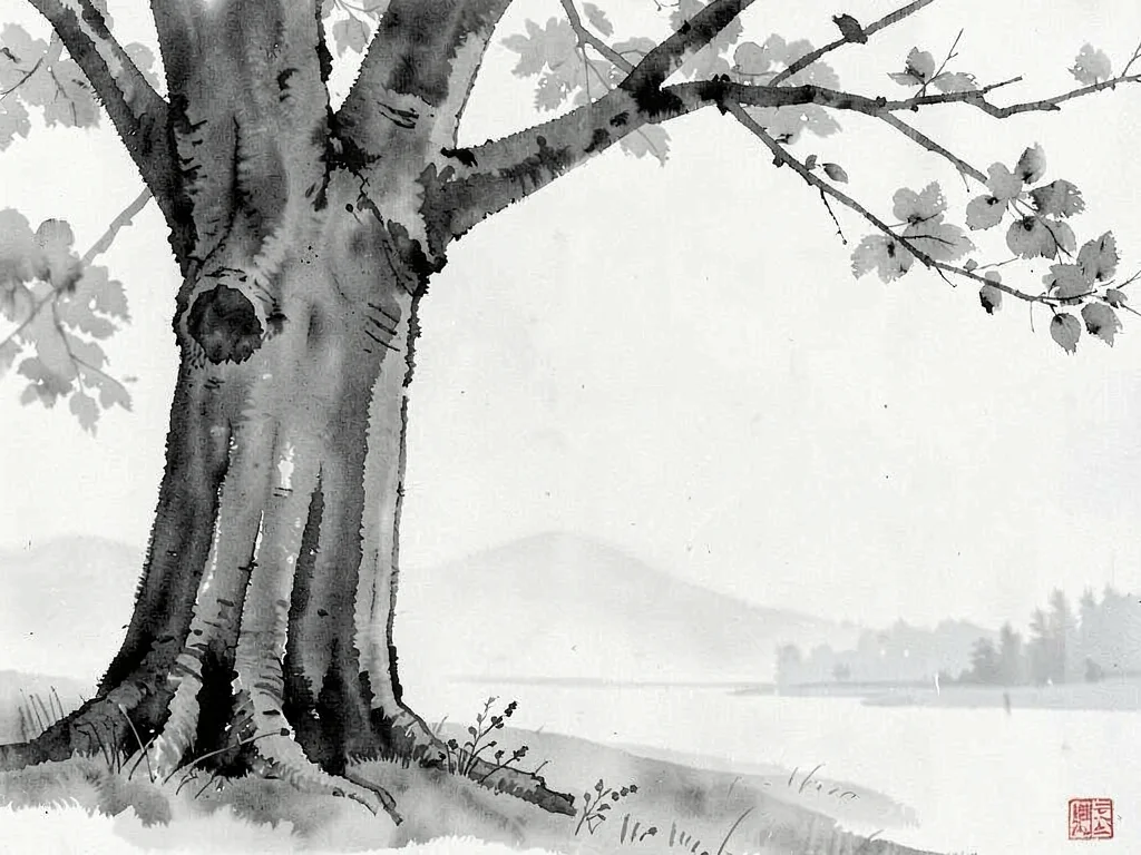 Morning mist allowing only nearest tree trunk