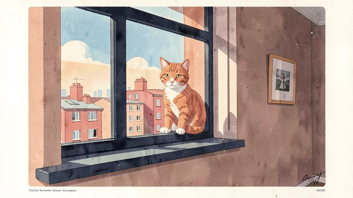 Gouache illustration, cat in window of apartment , opaque matte pigment, flat co