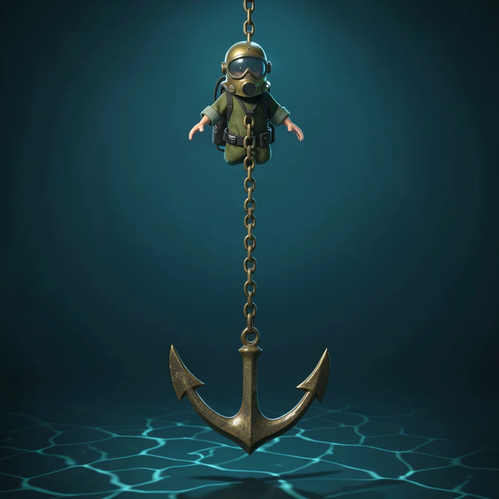 Underwater scene of an anchor chain descending into deep blue, soft caustics rip