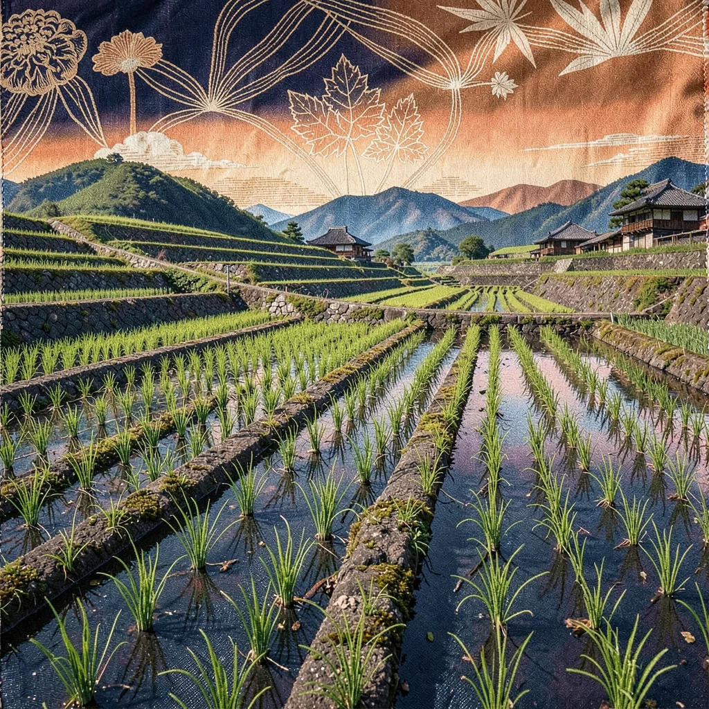 Through the textile eye of Kyoto, woven and dyed, Rice paddies at planting time,