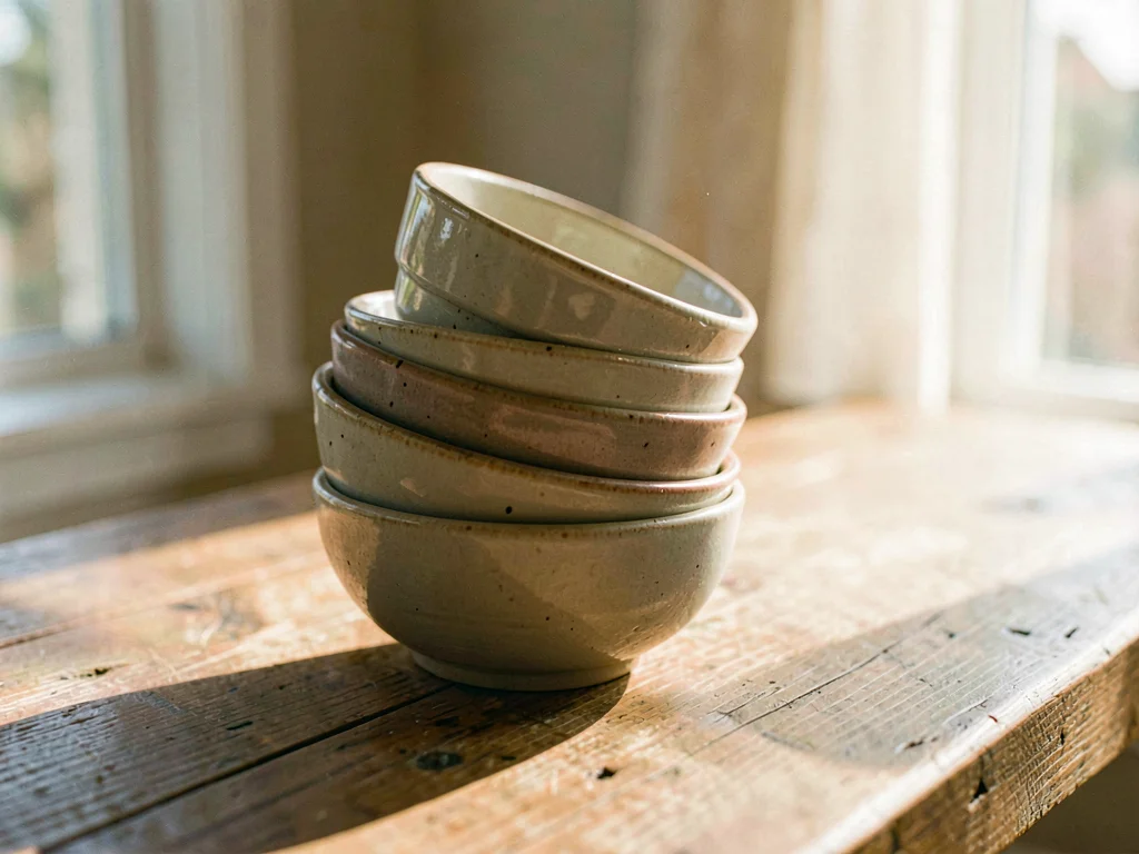 Warm still-life of a stack of mismatched ceramic bowls on a long wooden table, s