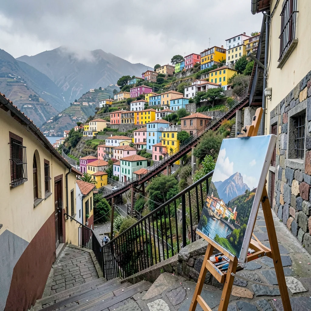 Valparaiso hillside color, painted houses climbing, Artist canvas and easel set 
