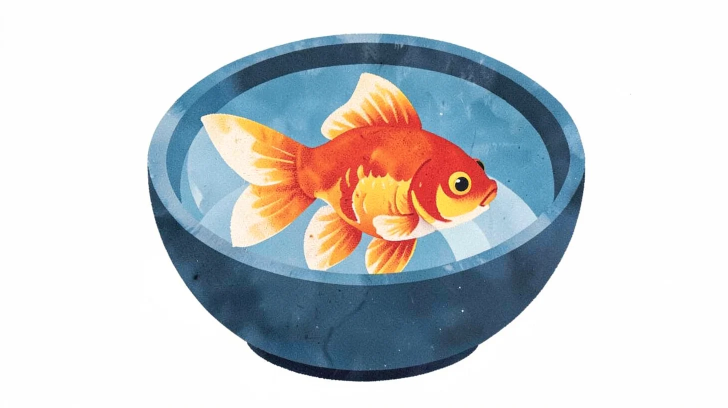 Gouache illustration, goldfish in round bowl , opaque matte pigment, flat color 
