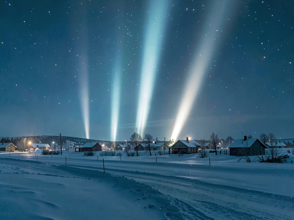 Multiple light pillars from village in extreme cold