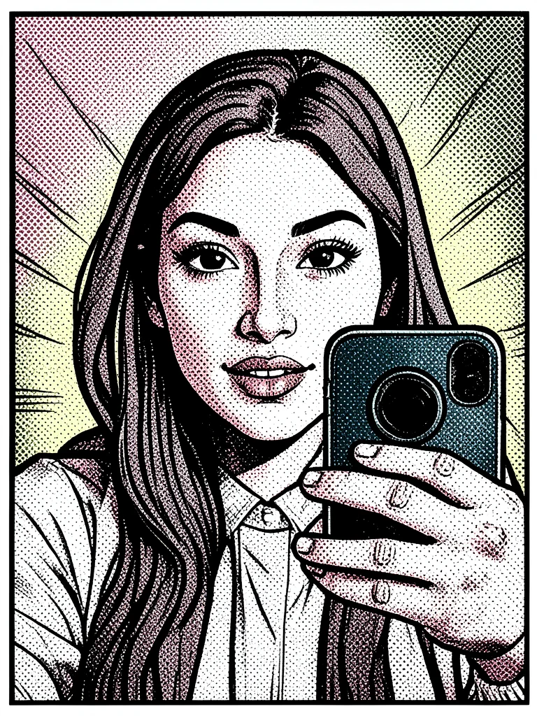 Selfie being taken rendered in Lichtenstein style, phone screen, benday dots, ou