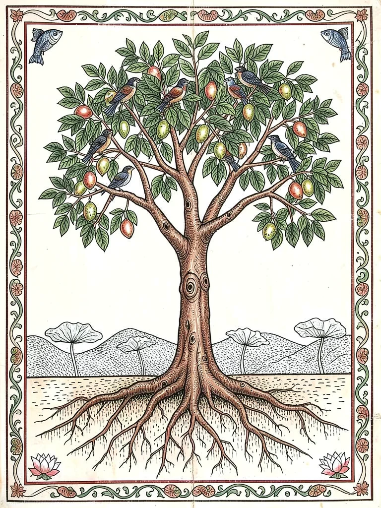 Mango tree with birds nesting in branches, roots shown beneath soil line, full f