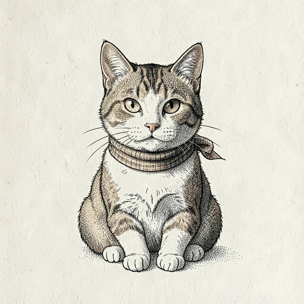 Pen-ink character study of a fashionable cat in a tiny scarf, expressive line, o