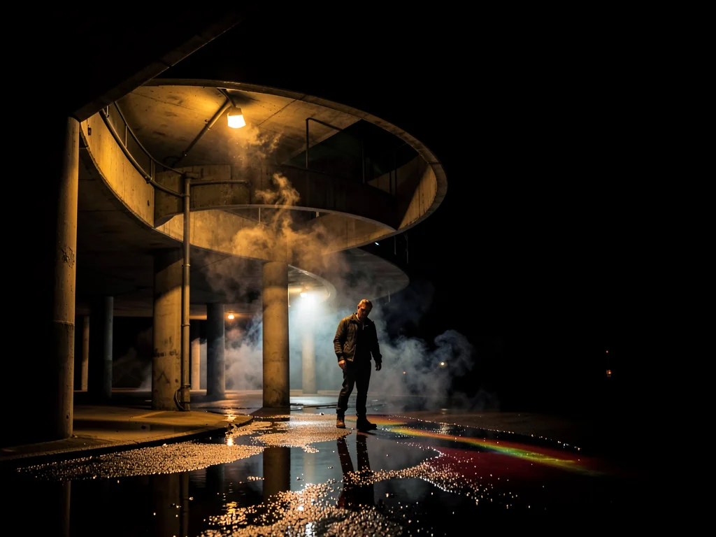 Brutalist parking garage spiral with sodium lights flaring through diesel smoke,