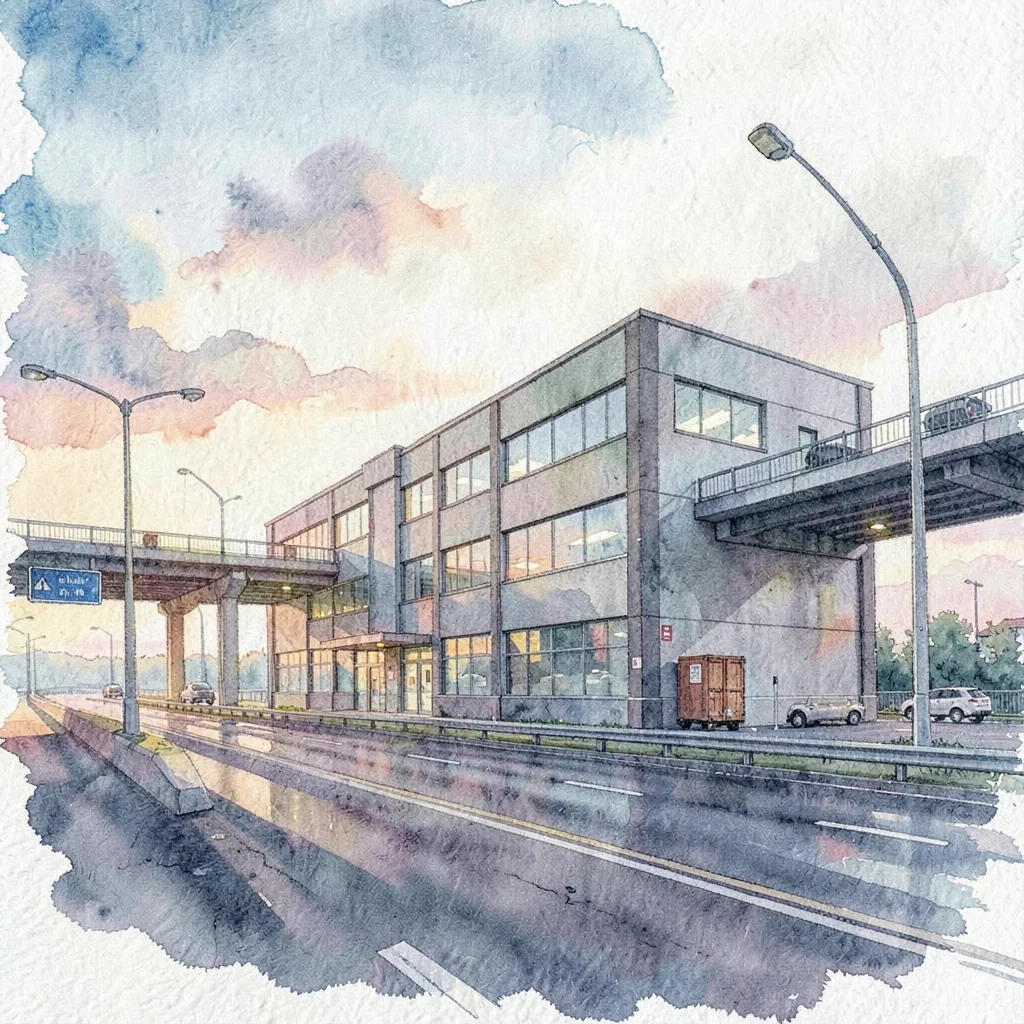 last-mile logistics building near a highway interchange, evening