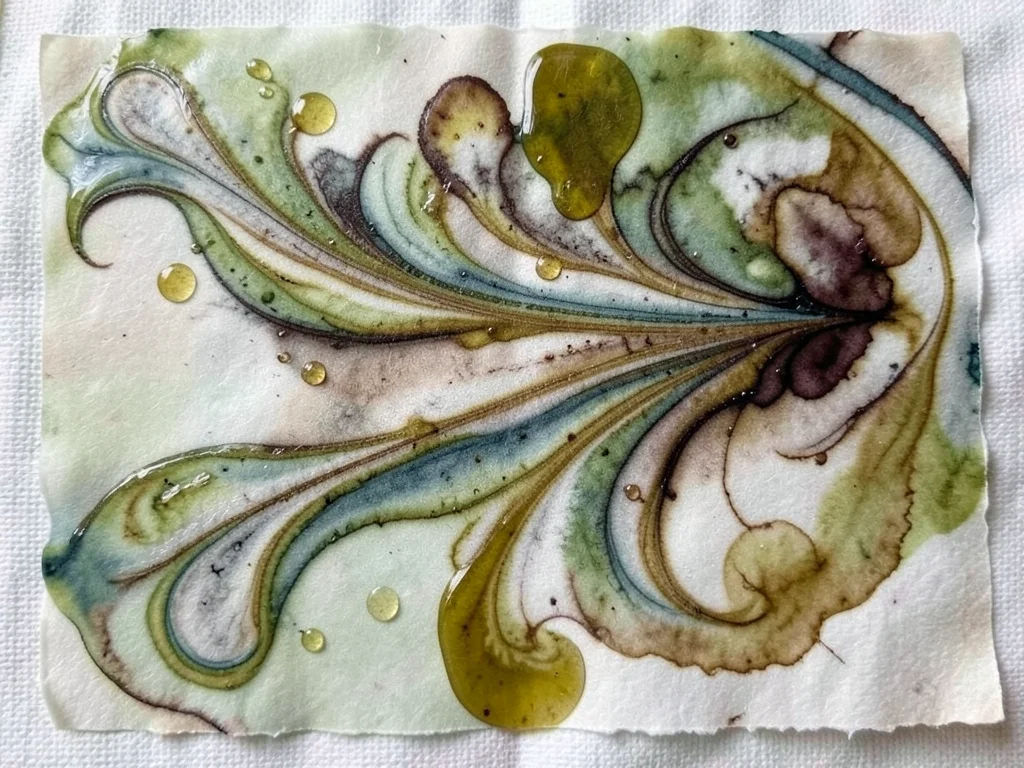 Stone marbling on bookbinding cloth instead of paper, pigment absorbed different