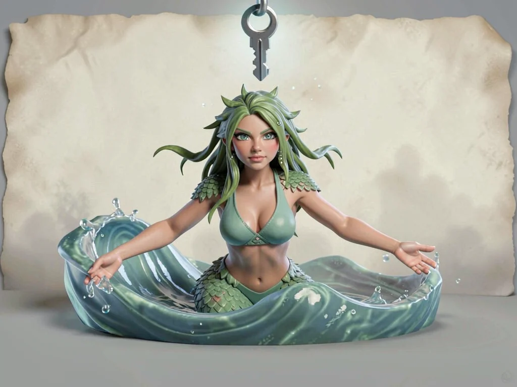 Cresting wave-undine with seaweed-green hair and faint scale-pattern across her 
