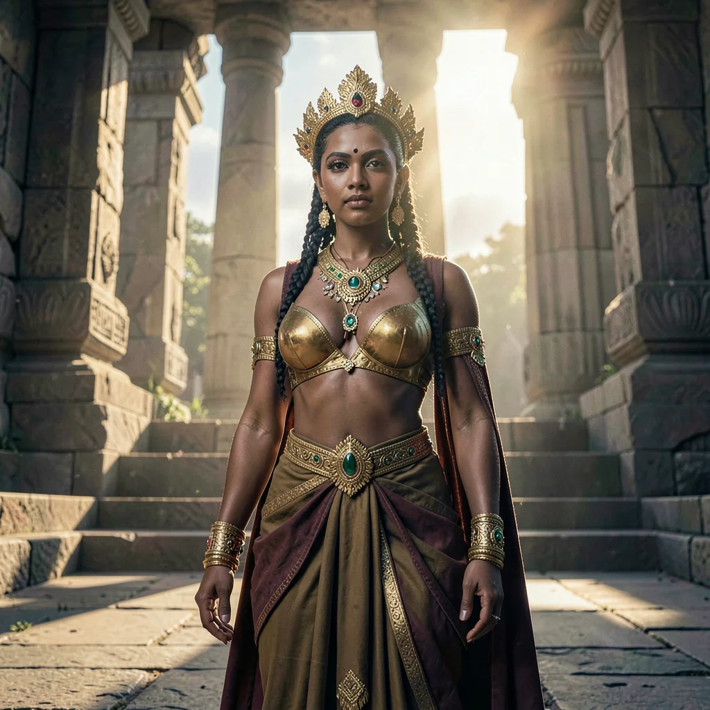 Cinematic narrative portrait of a high priestess in a sun temple with morning li