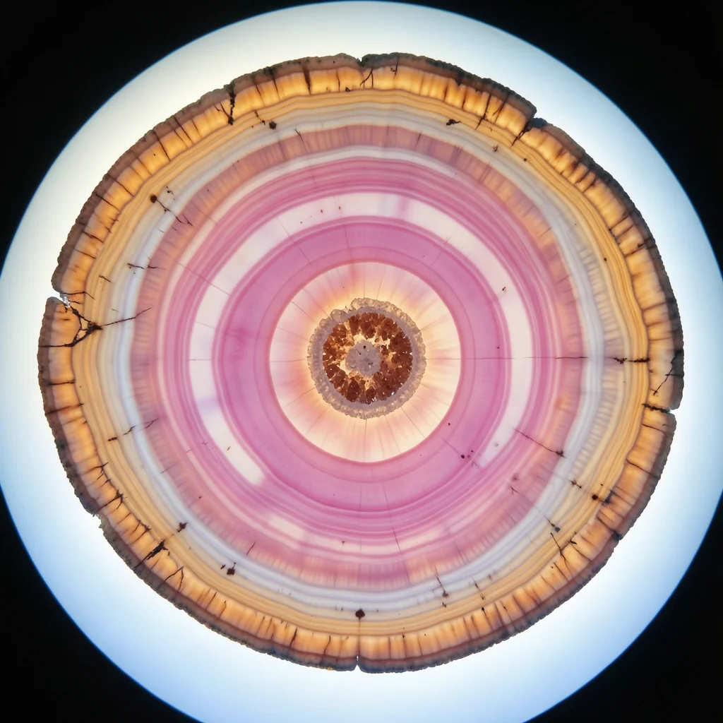 Rhodochrosite stalactite cross-section, concentric pink and white banding in per