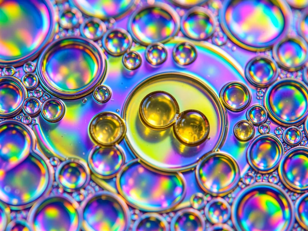 Oil drops of varying viscosity on water, thin sesame oil spreading wide vs thick