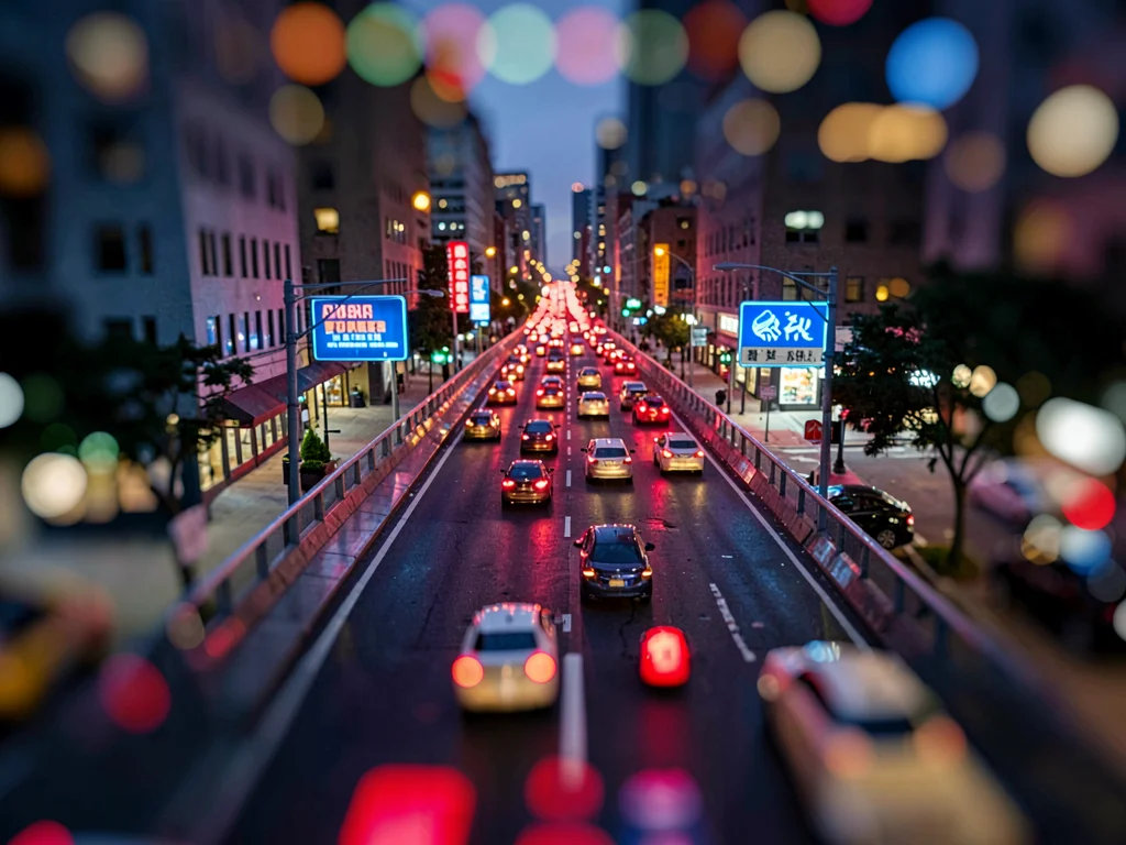 Evening tilt-shift photograph from a bridge over a busy city street, saturated r
