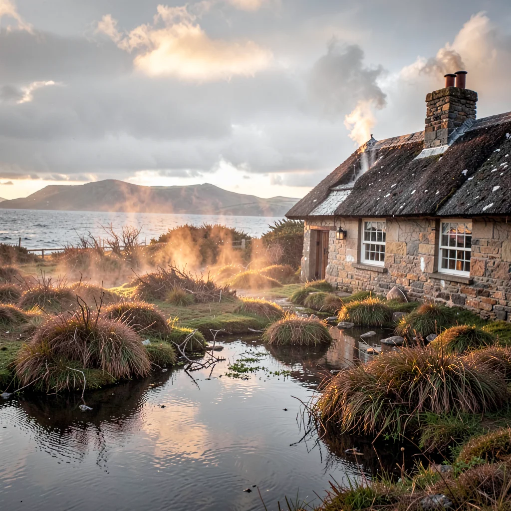 Connemara bog light, Atlantic silver, Thatched cottage roof steaming after rain,