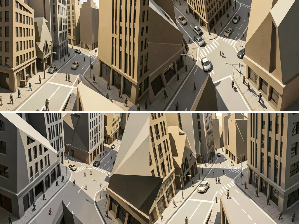 City intersection — buildings, roads, pedestrians fragmented into simultaneous v