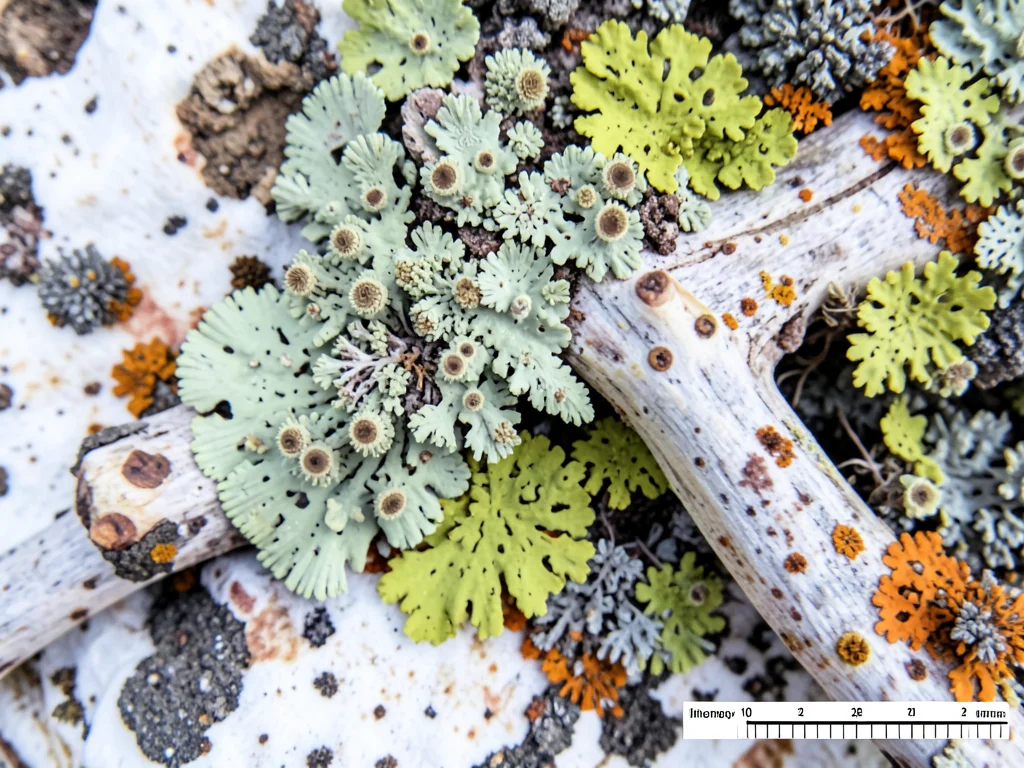Lichen on old bone, pale green growth on white weathered surface, life colonizin