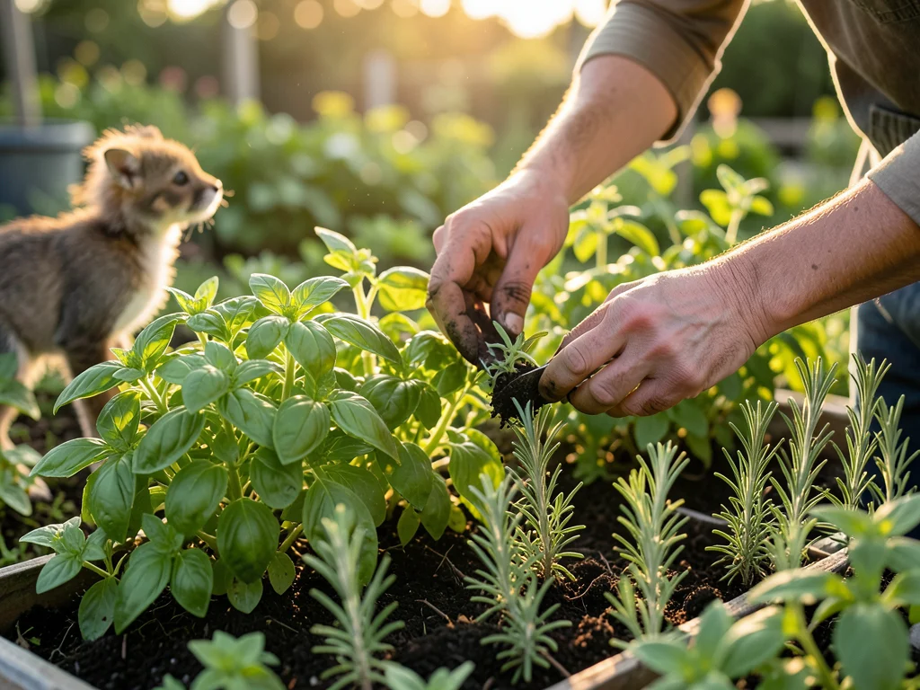 Hands harvesting herbs from a kitchen garden, basil and rosemary