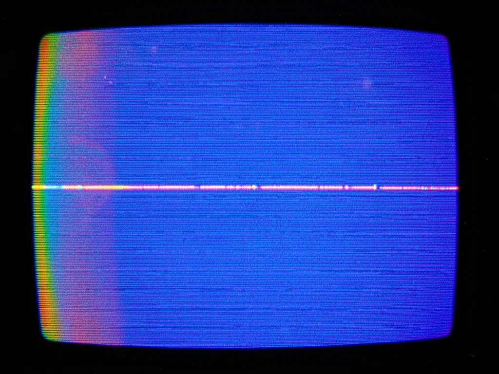 VHS pause on blank blue screen between recordings, perfect blue interrupted by a