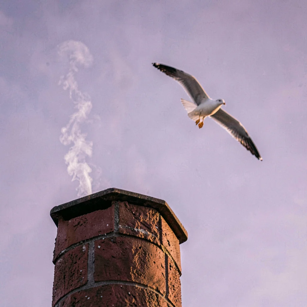 IG grid post: a chimney pot exhaling thin steam against a lavender sky, lone sea