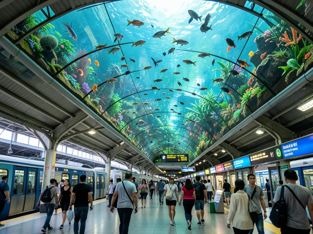Train station where the ceiling is a living aquarium, fish swimming above commut