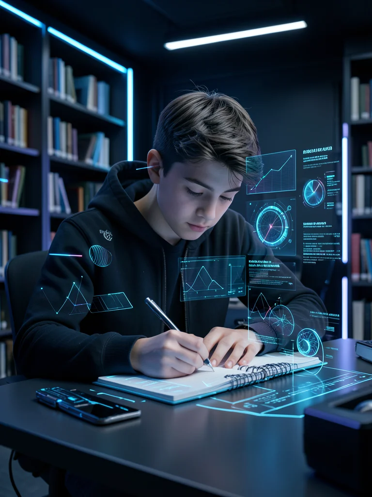 Student writing in notebook, focused concentration, library setting