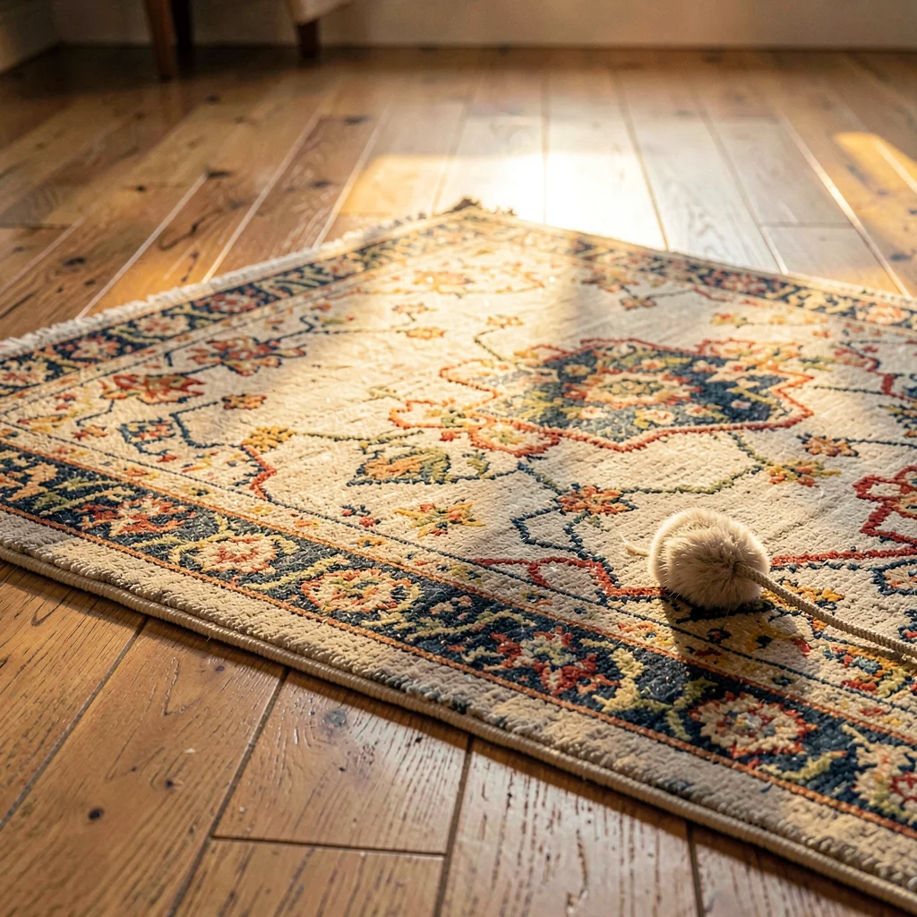 Warm hero of a finished rug spread on a wide-plank floor with a wool tuft beside