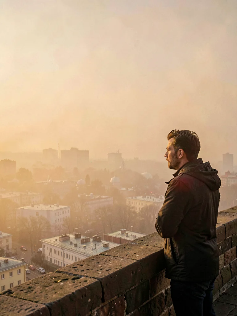 Standing at a parapet, the city below dissolves into sodium-amber haze while roo