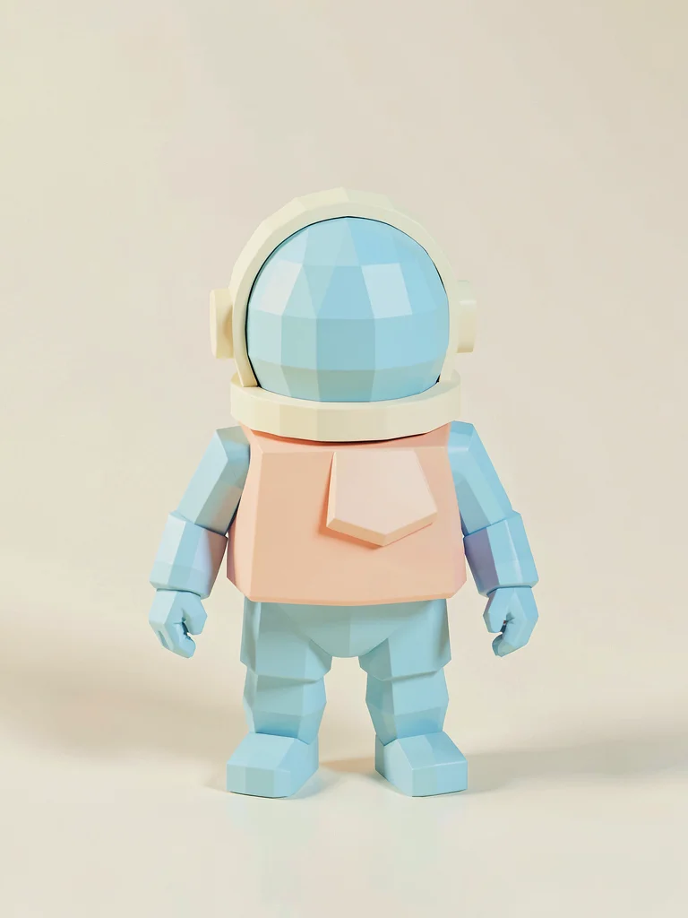 Helmeted sky-blue lowpoly astronaut character idle with cream helmet dome and a 