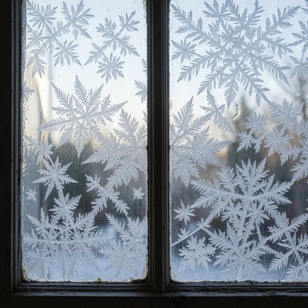 Ornate frost patterns on a Victorian-era window, the old glass with its slight r