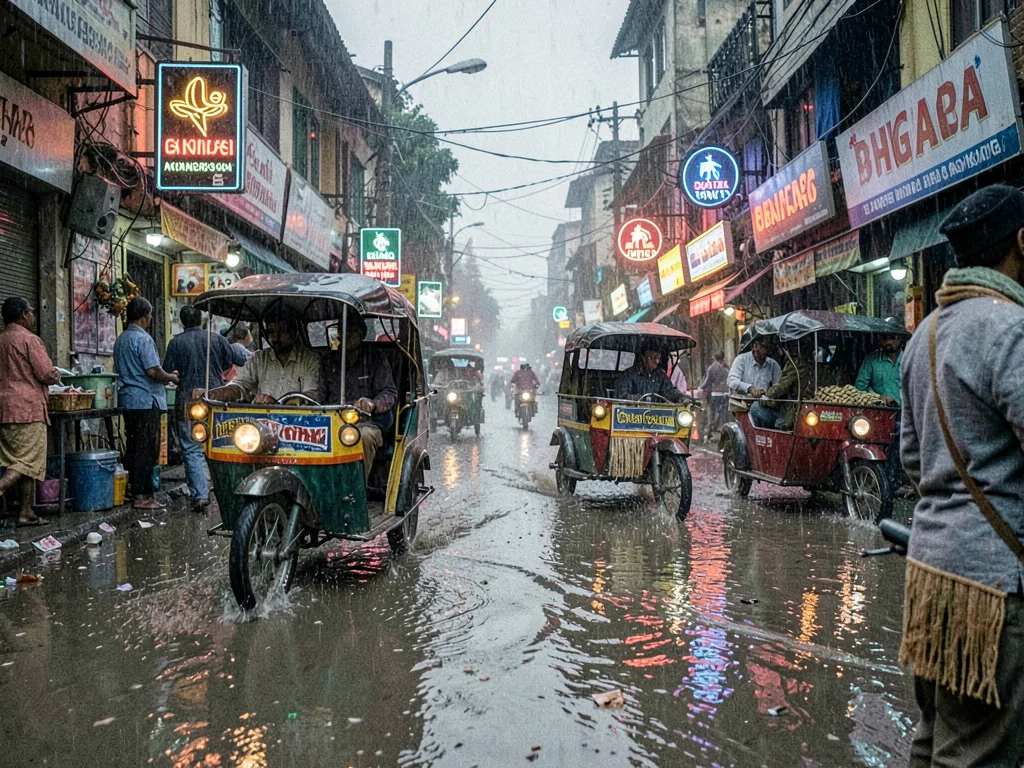 Monsoon flooded street reflections